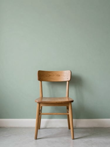 A quiet, minimalist room with soft diffused natural daylight, a single wooden chair, sage green accent wall, clean composition, 35mm lens, calm atmosphere