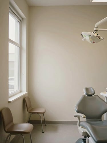 Straight-on eye-level view of a quiet, uncluttered modern dental office waiting room, soft diffused natural daylight from a side window, warm cream walls, no people.