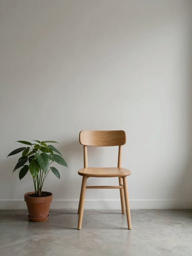 A minimalist, uncluttered room in soft morning light, a single wooden chair next to a potted plant, clean lines, quiet atmosphere