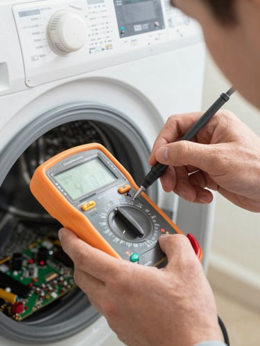 Close-up macro photograph of a certified technician's hands using a digital diagnostic multimeter on a modern washing machine circuit board. Clean, bright natural lighting, high technical contrast, no text.