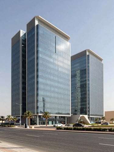 Wide-angle architectural photograph of the ADCB Building on Muroor Road in Abu Dhabi, clean modern glass facade, bright midday desert sun, spacious composition.