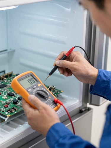 Close-up macro shot of a certified technician in a clean blue uniform using a digital multimeter to test a circuit board inside a premium refrigerator, bright natural light, sharp focus.