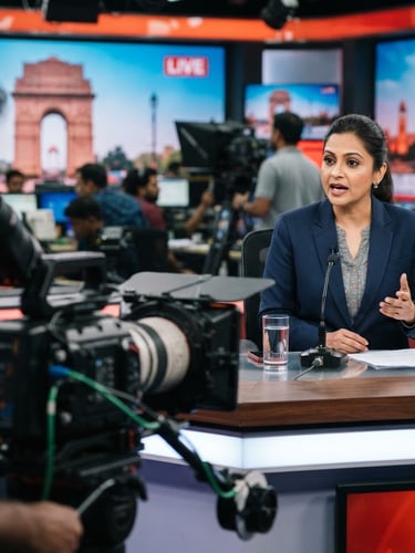 A professional news broadcast studio in New Delhi, a news anchor speaking with natural studio lighting, high-end cameras in the foreground, sharp focus, 35mm documentary lens