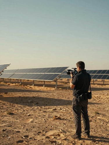 A documentary filmmaker capturing footage of a solar panel installation in a vast desert landscape, golden hour lighting, cinematic composition.