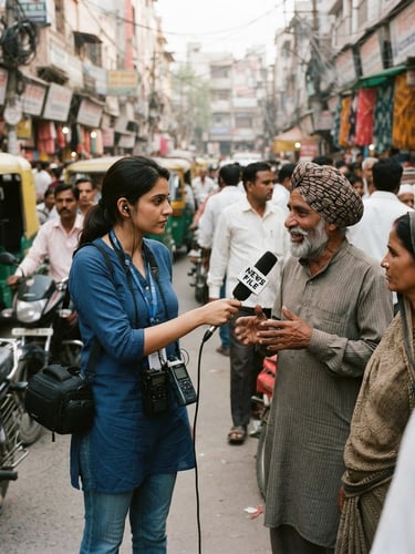 A 35mm documentary photo of an Indian field journalist holding a News File microphone, interviewing local citizens on a bustling New Delhi street, natural daylight, sharp focus.