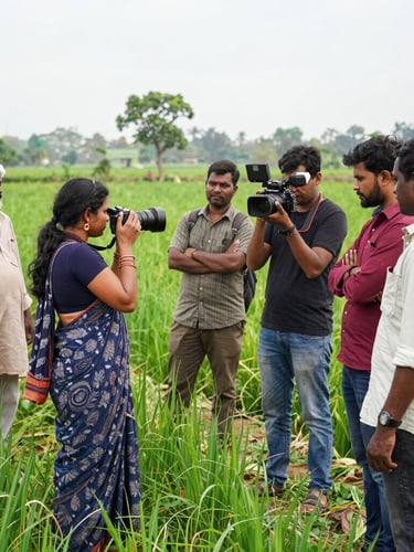 A 35mm documentary photo of a female reporter with a camera crew interviewing farmers in a green agricultural field in Karnataka, natural daylight.
