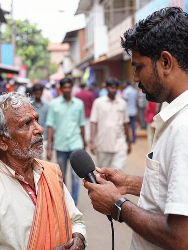 An on-the-scene reporter holding a News File microphone interviewing a local community member on a bustling street in Karnataka, natural ambient daylight, authentic photojournalism
