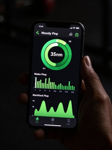 Moody athletic photography of a smartphone screen displaying a clean workout tracker interface with green metrics, high-contrast dark lighting, sharp focus, 35mm