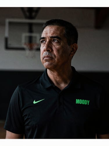 Moody athletic portrait of Coach Gabriel in a dark gym setting, focused expression, high-contrast dramatic lighting, desaturated tones, 35mm