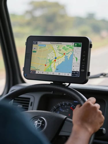 Medium shot of a GPS tracking screen mounted in a carrier truck cab showing a live route map across India, crew member's hand visible on the wheel, daylight streaming through the windshield