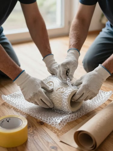 Close-up of two workers' gloved hands carefully wrapping a ceramic item in bubble wrap on a wooden floor, packing tape and kraft paper visible beside them, warm daylight from a side window