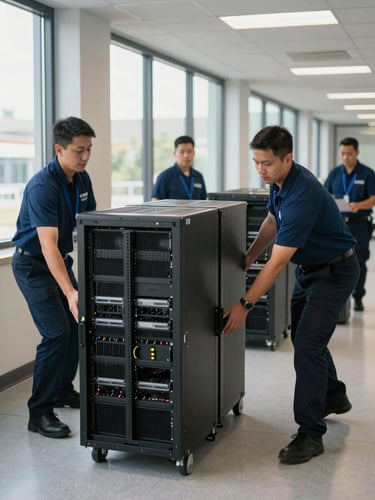 Wide environmental shot, uniformed crew carefully wheeling office server racks and workstations down a corridor in a commercial building, daylight from large windows, branded moving blankets visible on equipment, mid-action medium shot