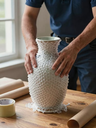 Close-up of a uniformed mover's hands carefully wrapping a ceramic vase in multiple layers of bubble wrap on a wooden floor, natural window light from the left, packing tape and kraft paper visible nearby