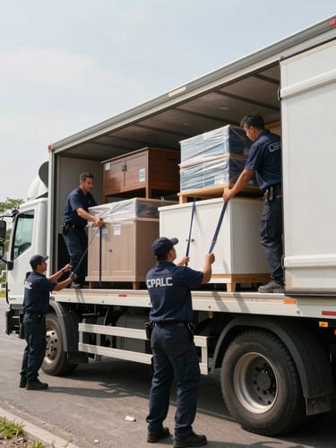 Wide environmental shot of a uniformed moving crew actively loading large furniture and sealed boxes onto a branded truck, shot in natural daylight from a low angle showing the scale of the operation, worker in foreground securing a strap, open cargo door to the right