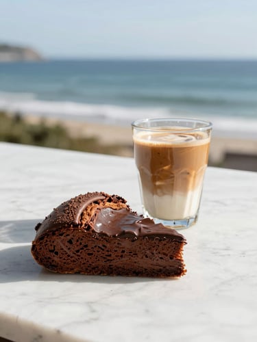 Bright editorial food photography, a freshly poured flat white coffee next to a warm chocolate babka slice on a marble counter, sunlit coastal morning light, 35mm