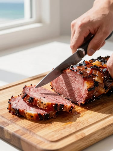 A close-up of hands slicing smoked pastrami on a thick oak cutting board, bright natural daylight streaming through a window, crisp white tiles in the background
