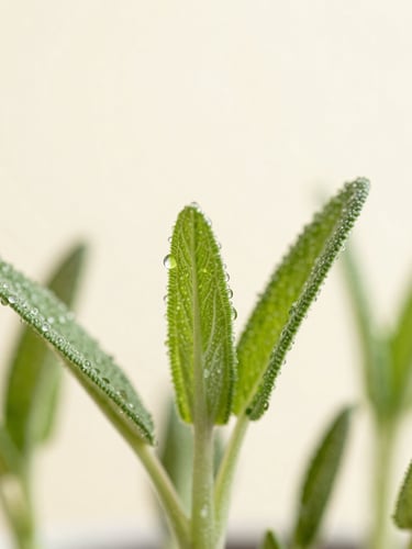 Extreme macro crop of dew-covered green sprouts, bright diffused morning daylight, fresh sage and dewy cream tones, shallow depth of field
