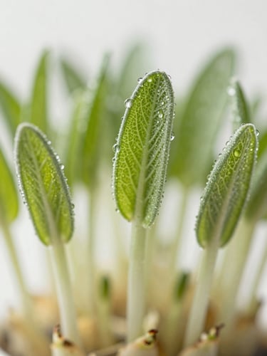 Macro shot of fresh green sprouts covered in morning dew, soft morning light, shallow depth of field