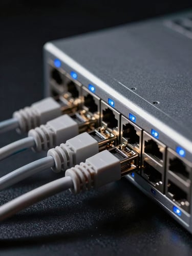 Close-up macro overhead of a network switch with ethernet cables plugged into ports, dramatic side-lit studio strobe casting sharp shadows across metallic chassis, electric blue LED activity lights glowing against deep black background, cables running off-frame left, high technical detail