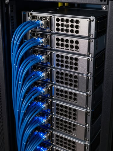 Close-up overhead macro shot of a dense server rack backplane, fiber optic cables glowing electric blue against deep black chassis, dramatic studio side-lighting casting sharp shadows across metal port arrays, technical depth visible in stacked blade servers