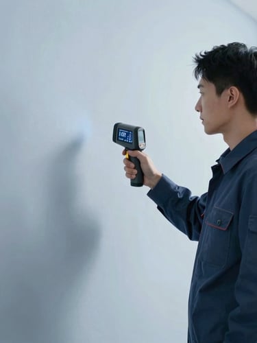 A professional technician in a clean uniform holding a thermal imaging camera pointing at a dry, pristine residential wall, cool blue tones, crisp commercial photography.