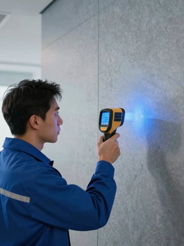 Technician in clean uniform using a thermal imaging camera to detect moisture behind a modern office wall, digital readout visible, cool blue lighting, sharp focus