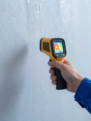 Close-up of a technician in a clean uniform holding a digital thermal imaging camera showing heat and moisture maps on a wet plaster wall, cool blue and slate tones.