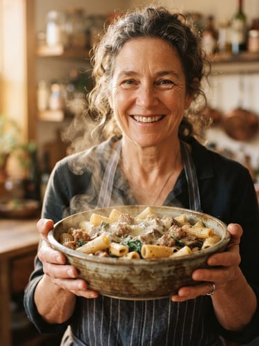 A warm close-up portrait of a friendly home cook in a rustic kitchen, holding a steaming, heavy ceramic bowl filled with creamy rigatoni pasta, soft golden-hour window light, shallow depth of field.