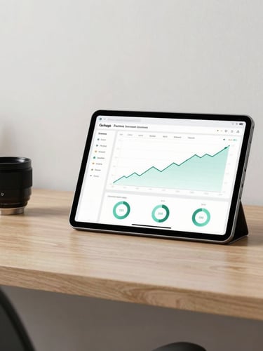 Portrait of a clean, minimalist workspace with high-end tech, a tablet displaying clean financial dashboard with positive growth metrics.