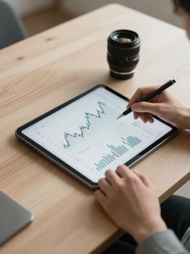 Minimalist modern desk, hands of a professional analyzing clean financial charts on a tablet, soft natural side lighting, warm tones.
