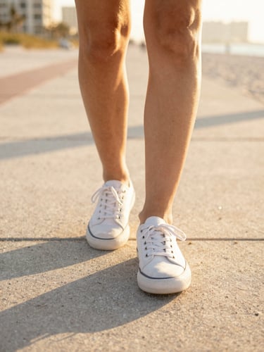 Low-angle shot of stylish canvas shoes walking on a sun-drenched Florida boardwalk, warm golden-hour light casting soft shadows, 35mm photography.