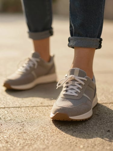 Close-up of stylish casual shoes in motion on a sunlit pavement, warm golden-hour lighting, shallow depth of field, 35mm