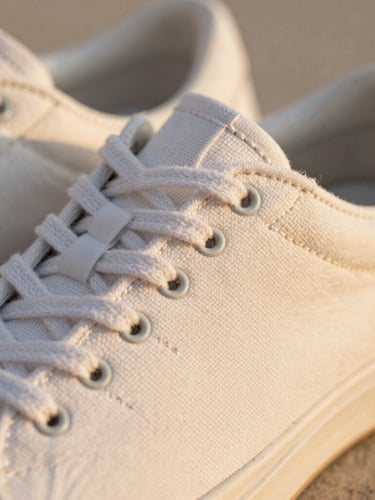 Close-up of premium breathable canvas and soft stitching on a shoe, warm golden-hour sunlight, shallow depth of field, 35mm.