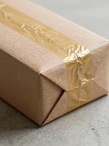 Close-up macro shot of a premium matte cardboard package sealed with a minimalist gold tape, resting on a clean concrete surface under natural side light.