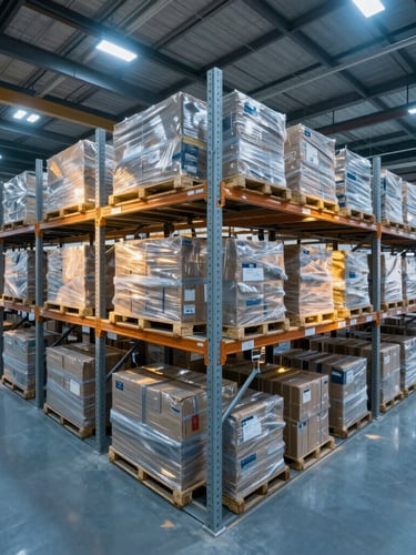 Wide-angle crisp architectural shot of a modern, highly organized distribution center, cool blue lighting with warm gold highlights on clean metallic lines, spacious and high-tech.