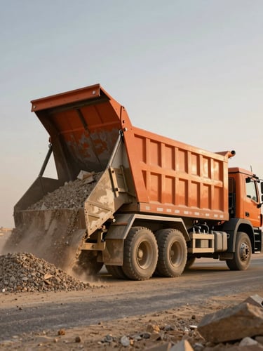 Low-angle shot of a heavy orange tipper truck dumping aggregate onto a road construction site in the UAE desert, golden hour dust