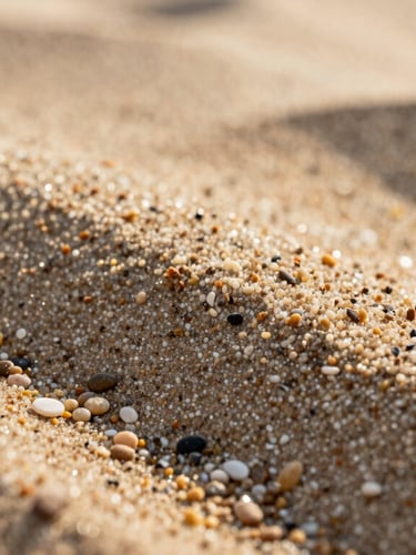 Macro close-up of graded washed sand texture, clean grains catching warm low-sunlight, sharp industrial detail.
