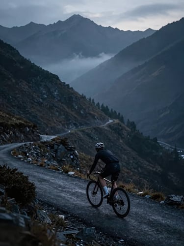 Low-key dramatic shot of a single cyclist climbing a steep mountain pass at dawn, cool blue and dark grey tones, mist in the valley, high contrast.