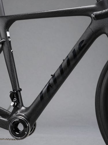 Extreme close-up of a high-performance carbon fiber bicycle frame, matte black weave under sharp low-key studio lighting, clean geometric lines.