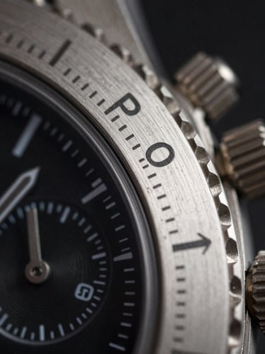 Extreme close-up of a high-end chronograph bezel, brushed titanium texture, sharp mechanical lines, dramatic low-key lighting, dark background.