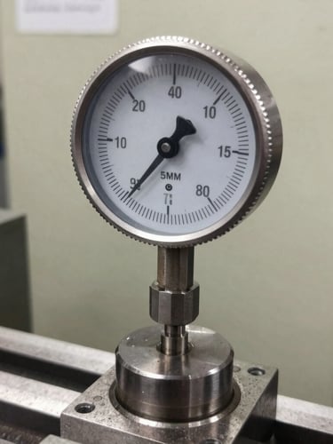 Close-up of a dial indicator measuring tolerance on a metal lathe spindle, bright workshop lighting, sharp focus on the gauge, realistic metallic textures, 35mm