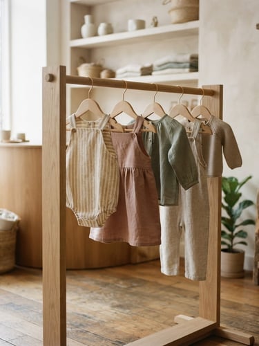 A warm editorial photograph of a high-end boutique interior with soft natural daylight, minimalist wooden hangers holding linen children garments, warm neutral tones, nostalgic 35mm film look.