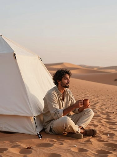 A warm environmental portrait of a modern traveler sitting by a minimalist canvas tent in the Kutch desert during golden hour, holding a clay tea cup, soft focus background.