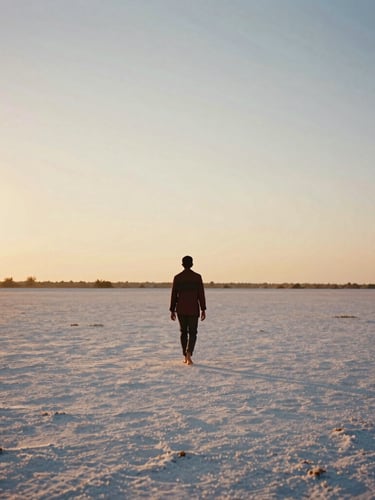 Cinematic 35mm photograph of a solitary traveler walking on the vast white salt desert of Kutch at twilight, warm golden-hour light casting long shadows, minimalist composition.