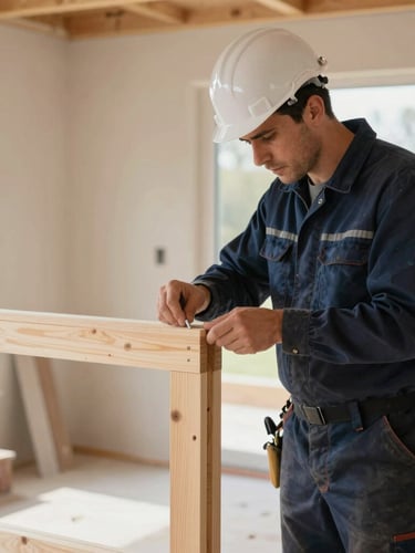 A professional remodeler in safety gear carefully aligning a custom wood joint on a residential construction site, bright daylight, sharp focus, 35mm