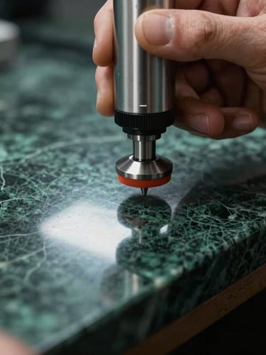 Extreme close-up of a technician's hand using a precision polishing machine on dark emerald marble, creating a sharp specular reflection of coastal light.