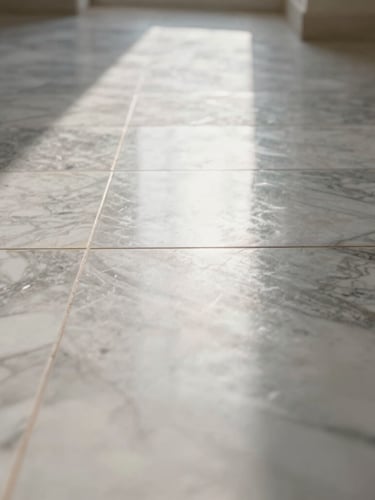 Macro low-angle architectural shot of a restored luxury marble floor with sharp, mirror-like reflection lines of coastal sunlight, high specular highlights, clean and pristine.
