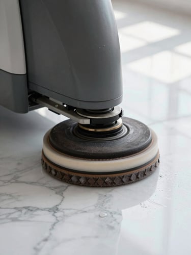 Macro shot of a professional floor polishing machine with diamond pads working on a premium white marble floor, water mist visible, sharp reflection lines appearing behind the machine, bright natural light.
