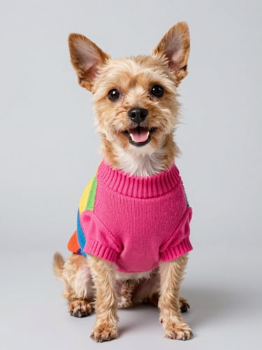 A happy small dog wearing a colorful custom-tailored fuchsia sweater, sitting proudly on a light grey background, bright studio lighting, eye-level shot