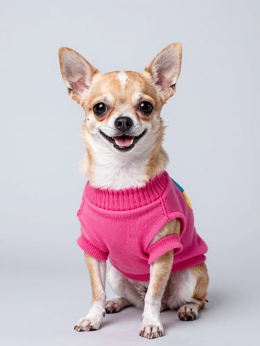 A happy small chihuahua wearing a colorful custom-tailored fuchsia sweater, sitting proudly on a clean light grey studio background, bright high-key lighting